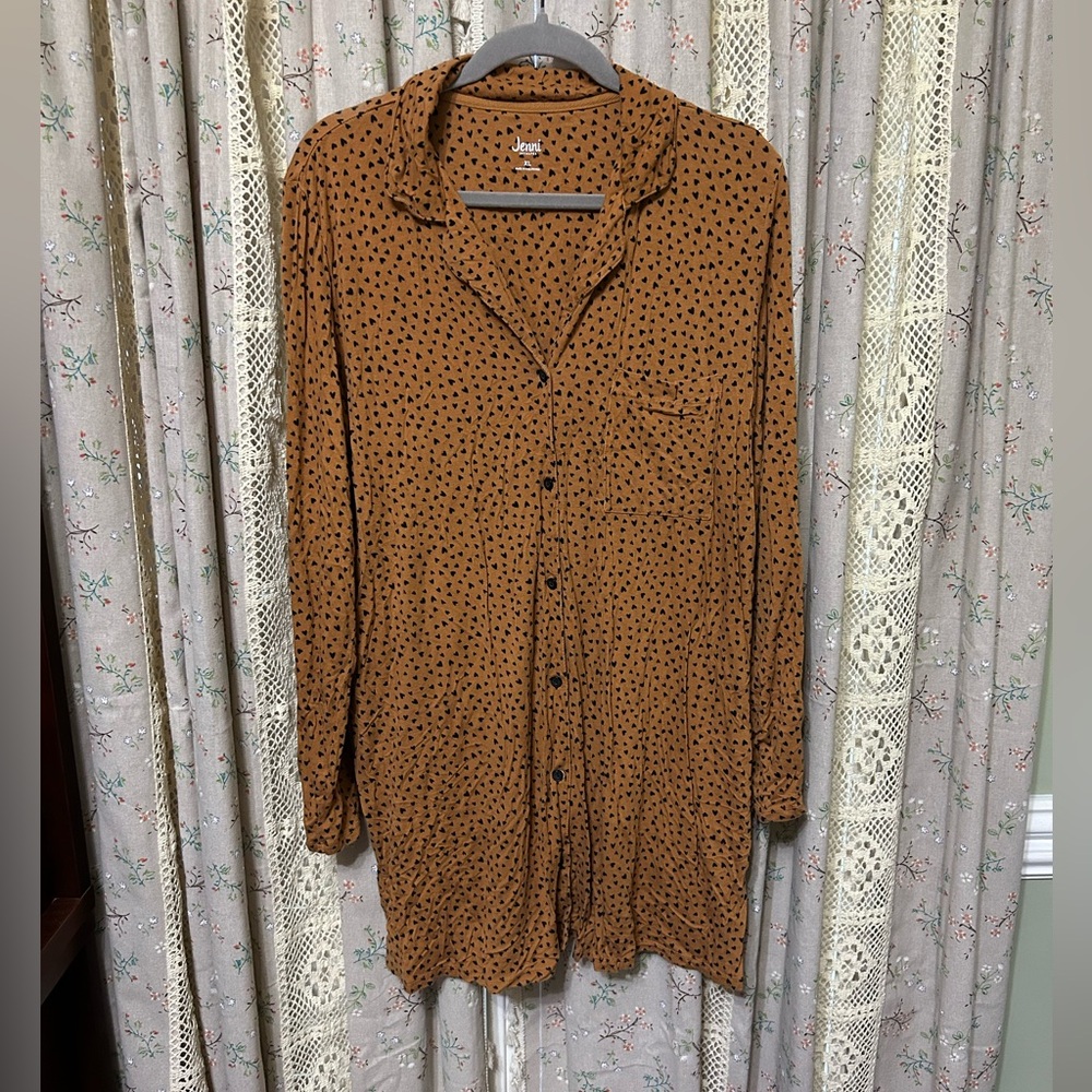 Jenni Intimates Notch‎ Collar Button Front Long Sleeve Heart Sleepshirt XL